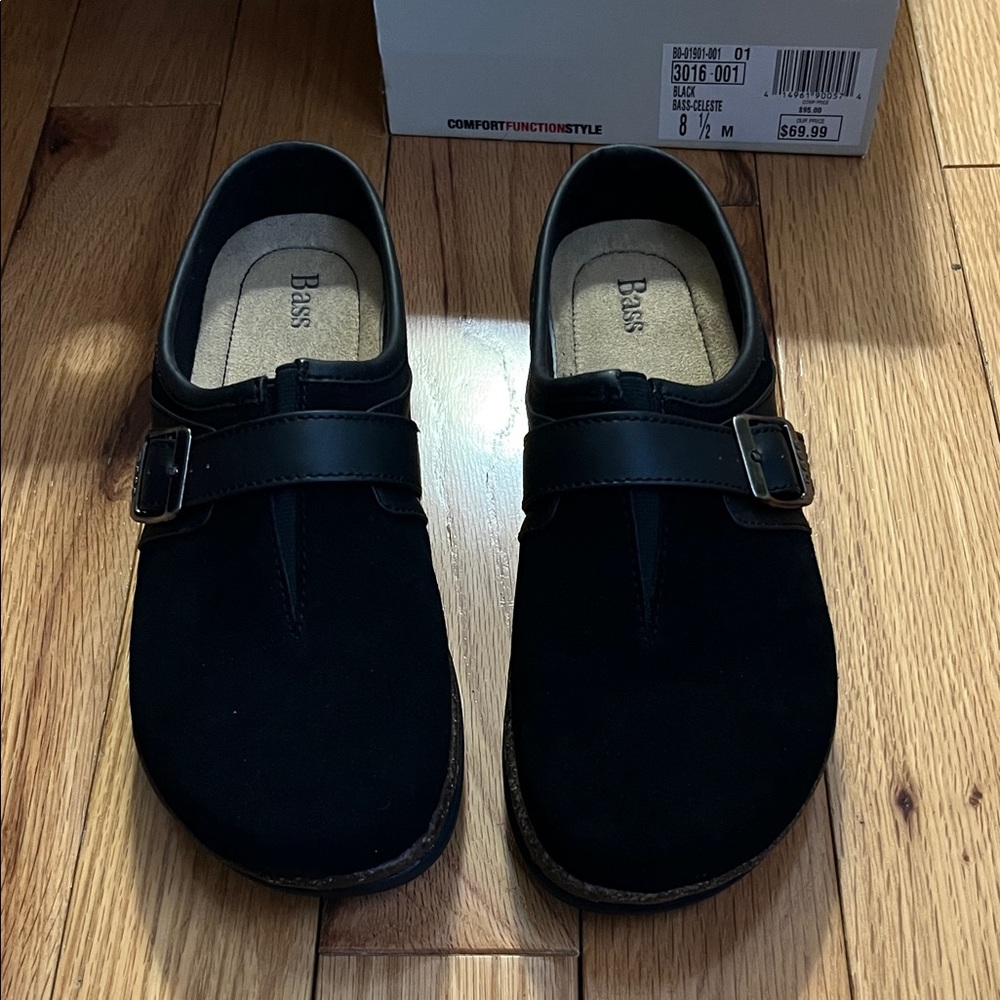 Bass Black Faux Suede Buckle Loafers